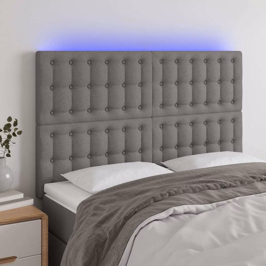 Testiera per letto vidaXL in tessuto grigio con illuminazione LED e porta USB, L: 144 cm, P: 5 cm, H: 118/128 cm