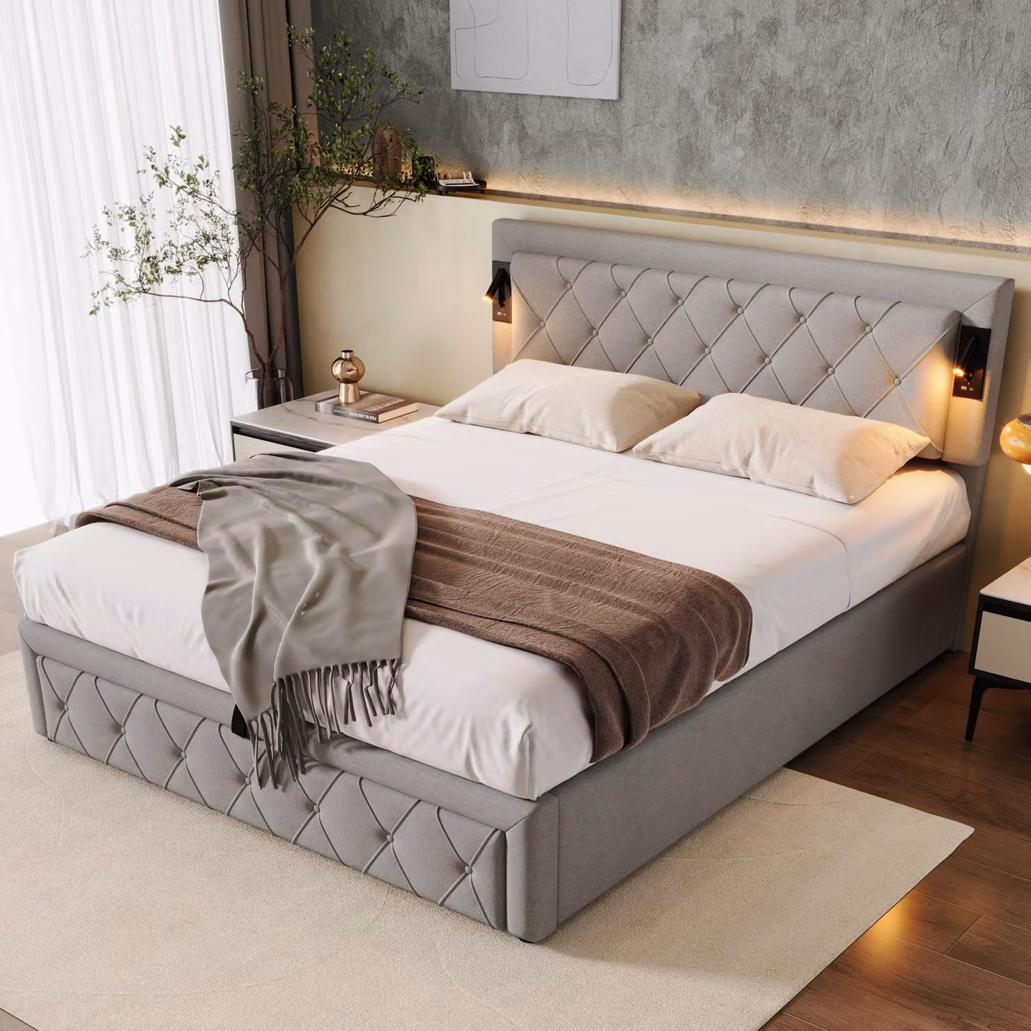 Letto imbottito 160 x 200, con rete a doghe e testata a righe diamantate, letto contenitore, letto matrimoniale, rete a doghe in legno, lino, grigio