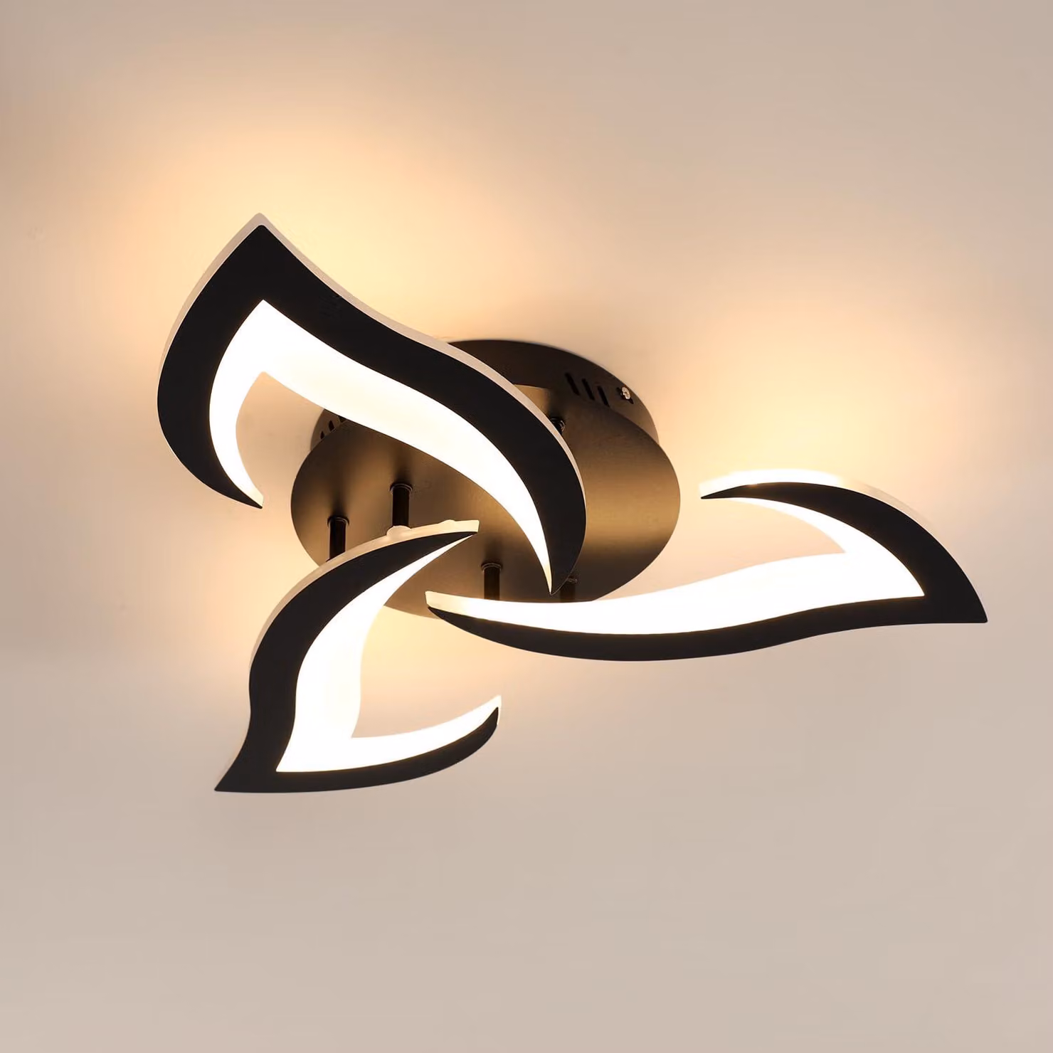 Lampada da soffitto a LED, diametro 58 cm, 36 W, 4000 lumen, paralume in acrilico a forma di fiore, luce bianco caldo, colore nero