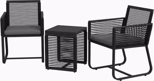 Set da giardino tridimensionale con 2 poltrone e tavolino supplementare in stile rattan con cuscini e piano di vetro nero