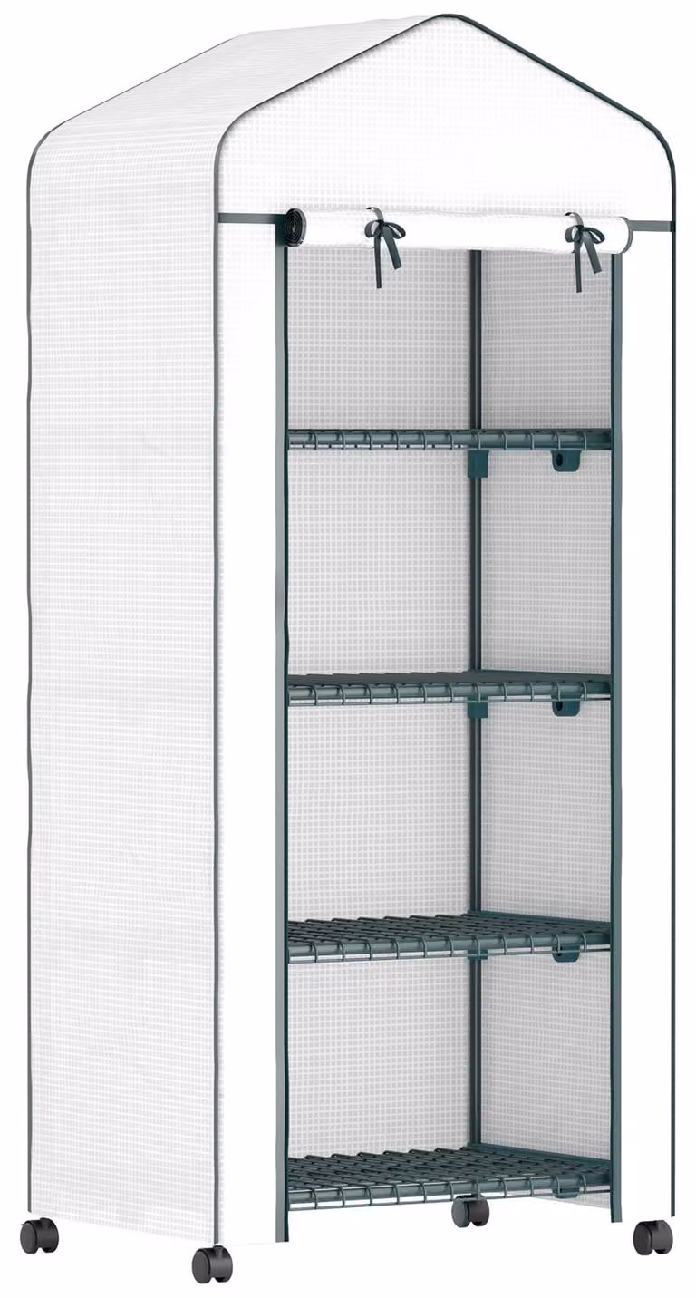 Serra Moonbite, dimensioni 69 x 50 x 165 cm, modello verticale con porta a rullo, mini-serra per pomodori, 4 ripiani da 15 kg ciascuno, telo in plastica da 140 g/m², resistente al gelo, struttura in acciaio, colore bianco