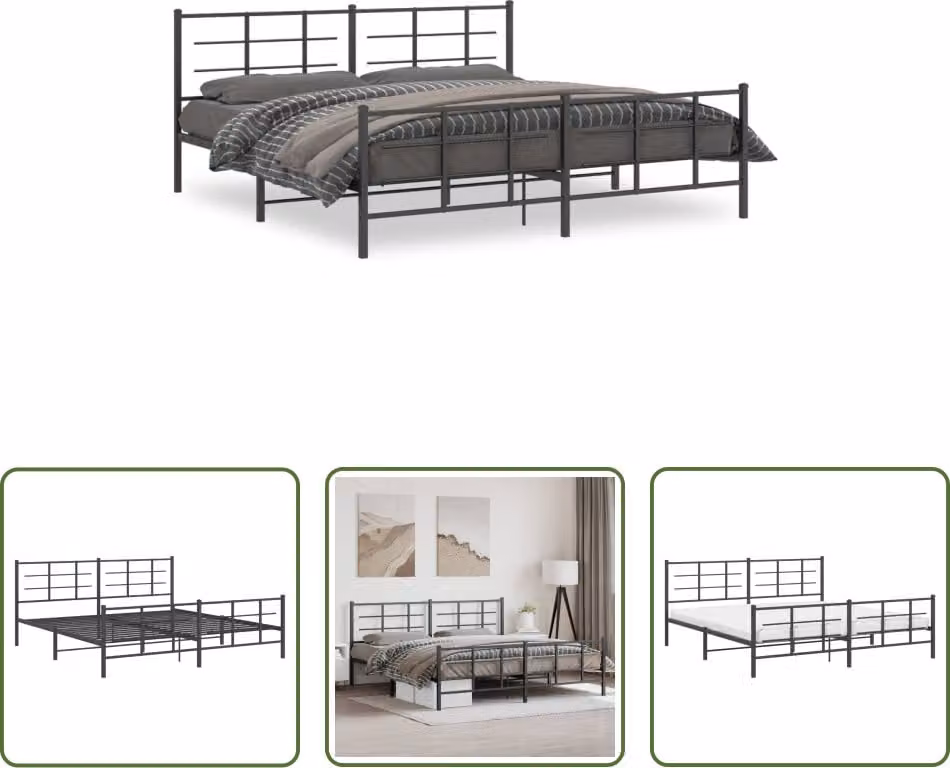 The Living Store Struttura letto con testiera e pediera in metallo nero 193x203 cm