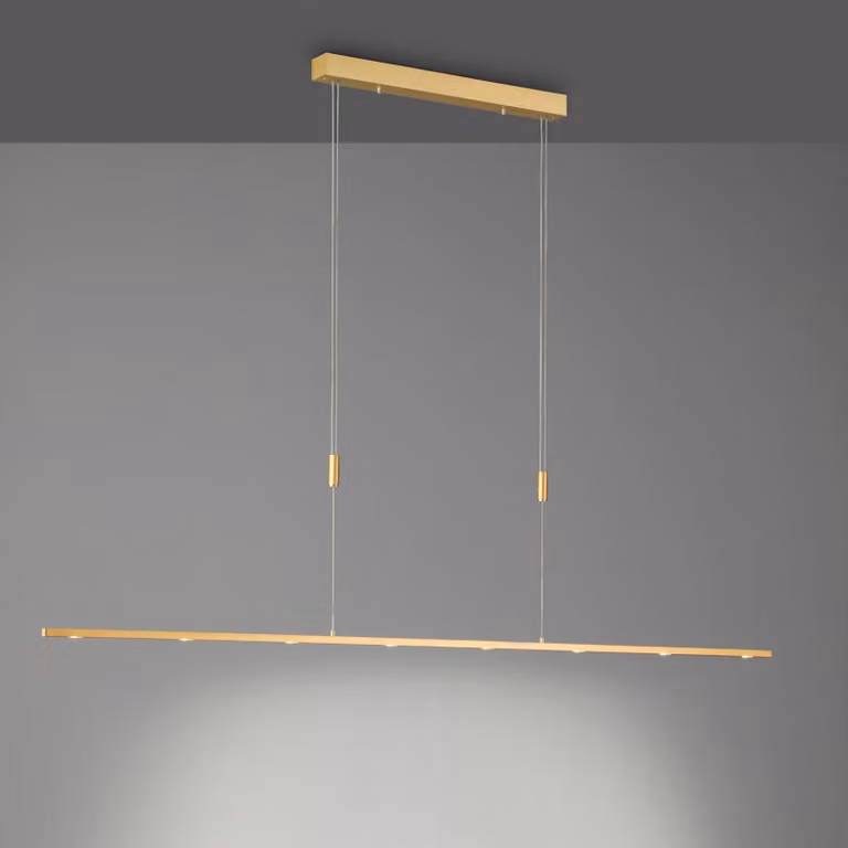 Lampada LED a sospensione Quitani Tolu, lunghezza 179 cm, ottone Tolu Quitani, dimmerabile, Ottone / Oro, Soggiorno / Sala da pranzo, Alluminio, Moderno