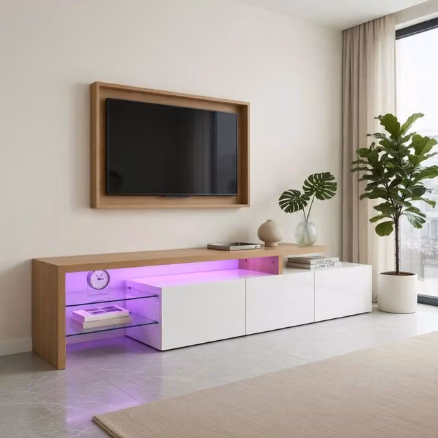 Cassettiera per TV KOMHTOM bianca con illuminazione integrata in MDF e vetro L: 197.5 cm, P: 39.0 cm, H: 42.0 cm