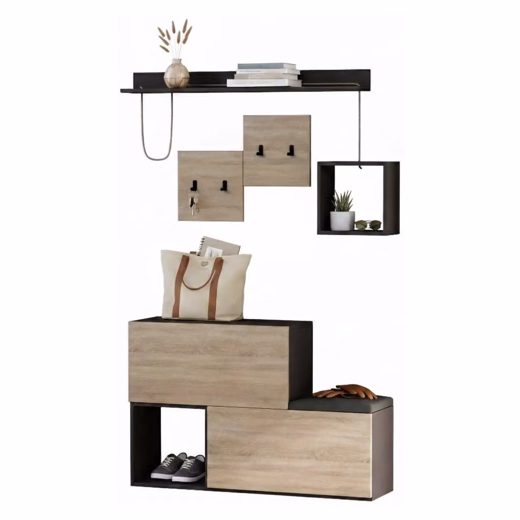 Mobile da ingresso Libeccio DMORA, Entratina appendiabiti e consolle portaoggetti multifunzione, L: 120 cm, H: 76 cm, P: 17 cm, Antracite e Rovere – 2