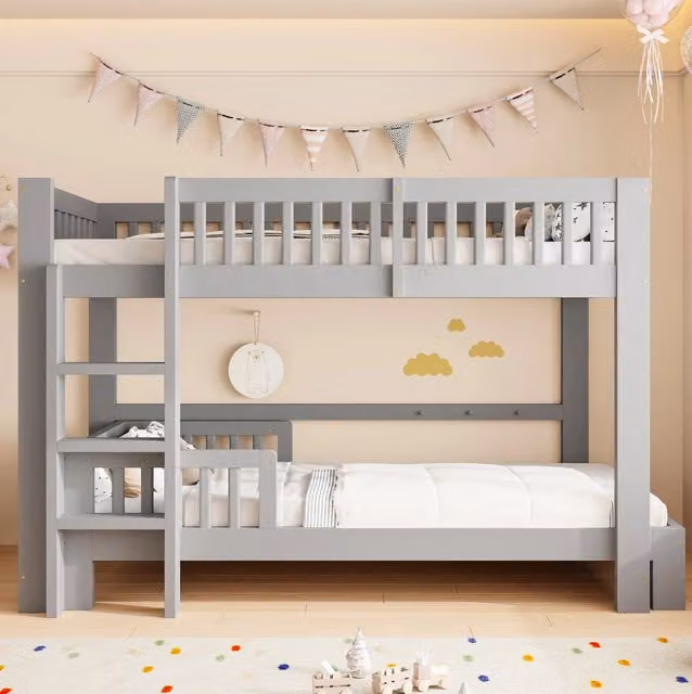 Set letto modulare per bambini 90x200 cm in legno; grigio; con letto a soppalco e letto singolo