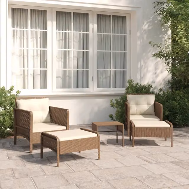 Set da giardino moderno vidaXL composto da 5 pezzi in polyrattan marrone con cuscini e tavolino da esterno