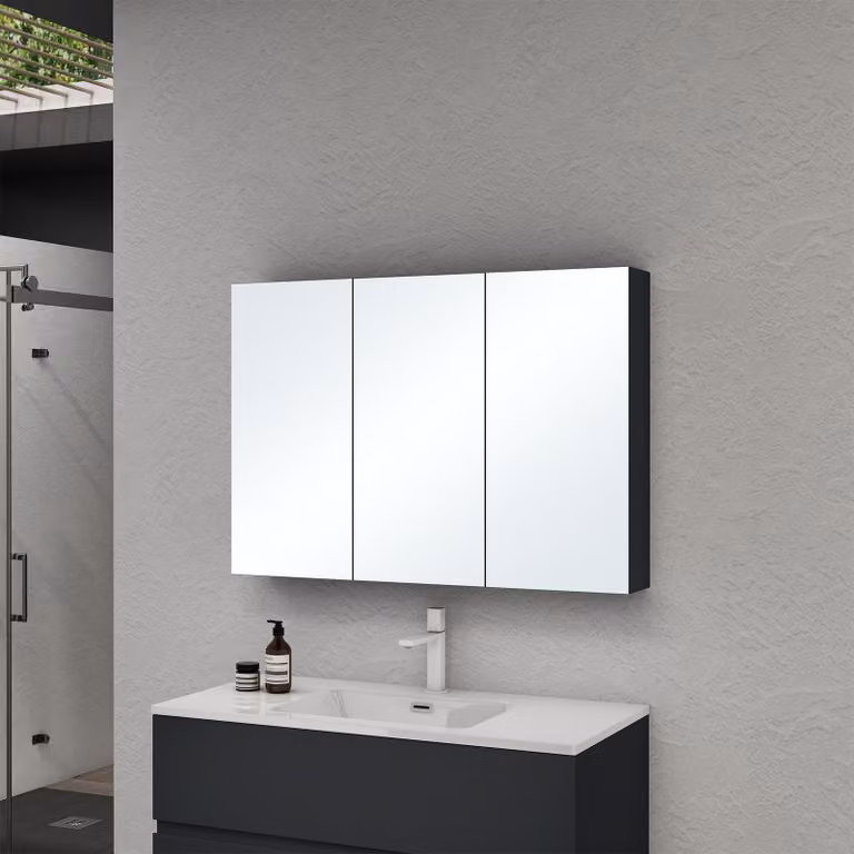 doporro Armadietto a Specchio 100x15x70cm, Specchio da Parete con 3 Ante in Legno Antracite opaco Spiegelschrank 02