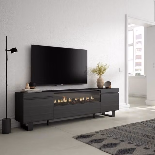 Mobile TV, 200x35x57cm, soggiorno, Per TV fino a 80", Camino elettrico, Design industriale, Nero RF2188
