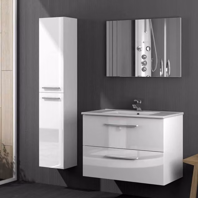 Set Mobili Bagno DMORA Ricadi Bianco Lucido con Mobile Lavabo, Colonna e Specchio, Design Moderno
