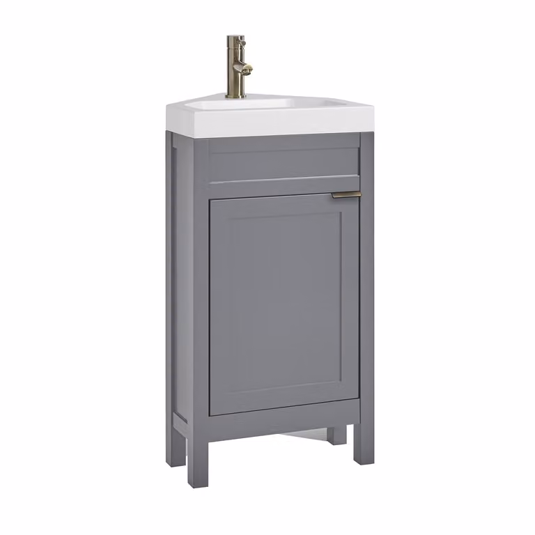 Mobile Bagno Angolare Grigio Chiaro da 450mm con Lavabo e Maniglia Moderna con Impugnatura a Dito in Ottone Spazzolato - Warwick