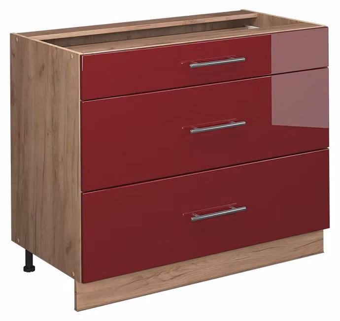 Mobiletto base per cucina Vicco Fame-Line Bordeaux lucido/Rovere dorato 100 cm senza piano di lavoro, Model 61637