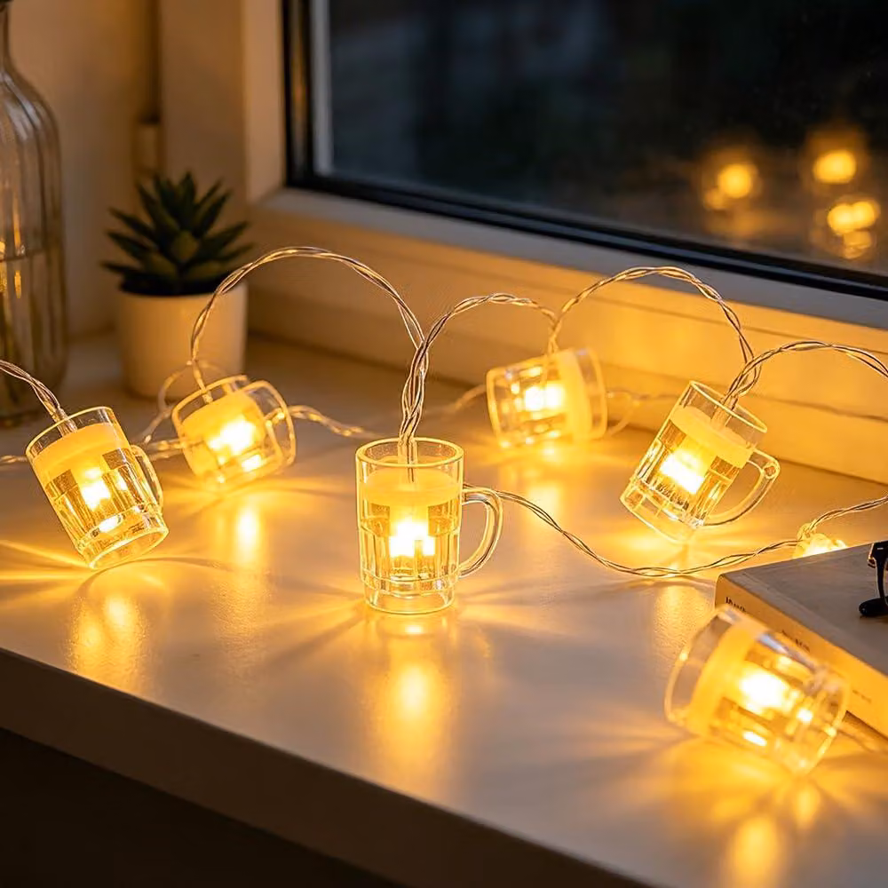 Catena luminosa a LED a forma di boccale di birra, lunghezza 3 metri, 20 LED, alimentazione a batteria