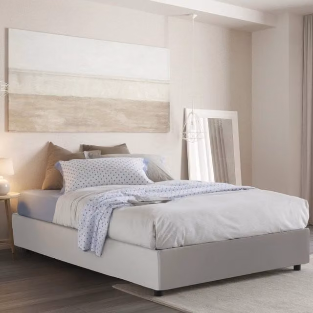 Letto matrimoniale contenitore Akemi Talamo Italia con rivestimento in ecopelle e materasso incluso, Bianco, L/P: 140 x 190 cm