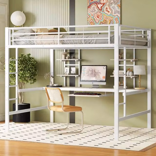 Letto a soppalco in metallo con scrivania e libreria, 140x200 cm, bianco