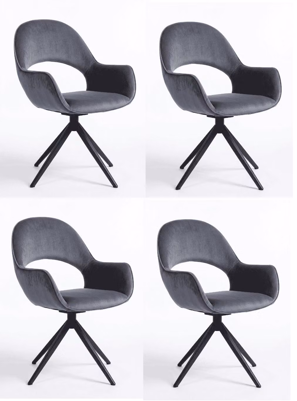 Set di 4 eleganti sedie girevoli per sala da pranzo, colore grigio, rivestimento in tessuto, design armonioso