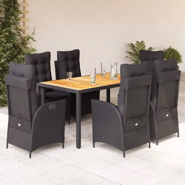 Set da Pranzo da Giardino 7 pz Nero con Cuscini in Polyrattan 3213098
