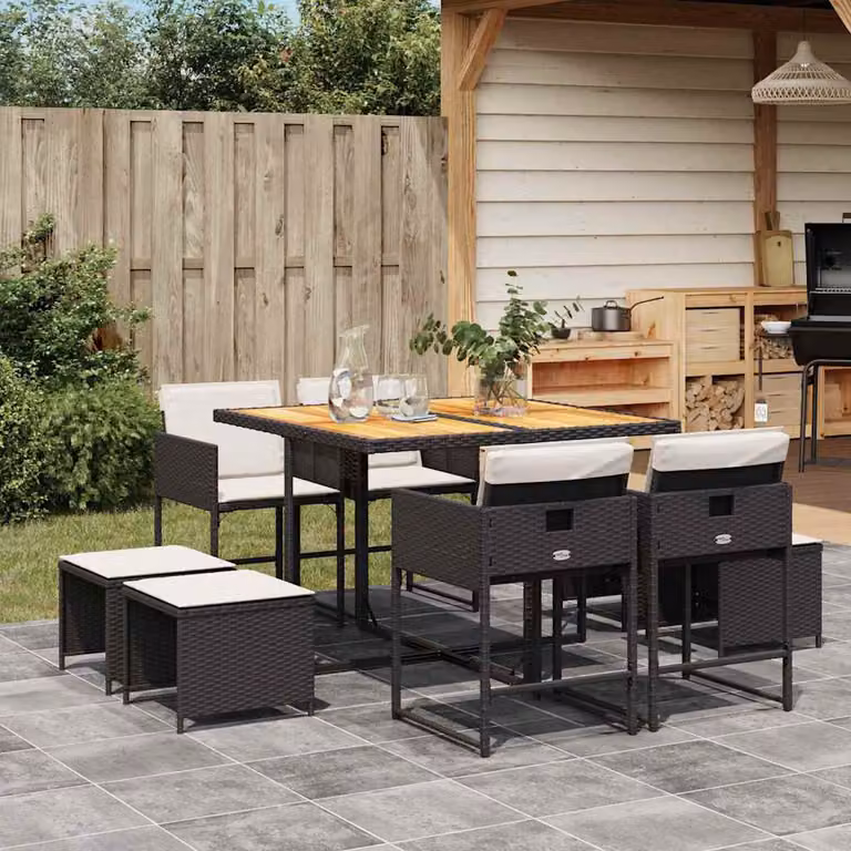 Set da pranzo da giardino vidaXL in polyrattan nero con cuscini e tavolo in legno di acacia per 9 persone