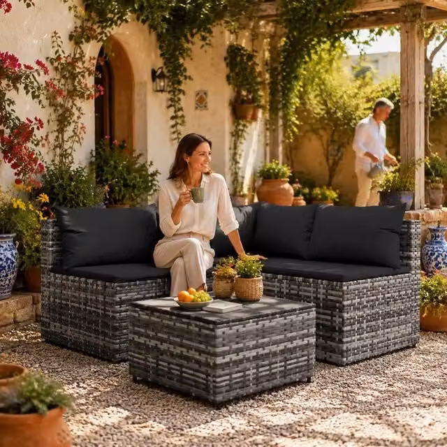 4-piece Garden Lounge Set With Cushions, Grey Poly Rattan