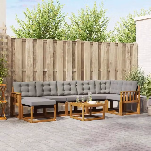 Set di divani da esterno a L vidaXL composto da 8 pezzi in legno di acacia con cuscini rimovibili grigi e marroni per giardino e terrazza – 1