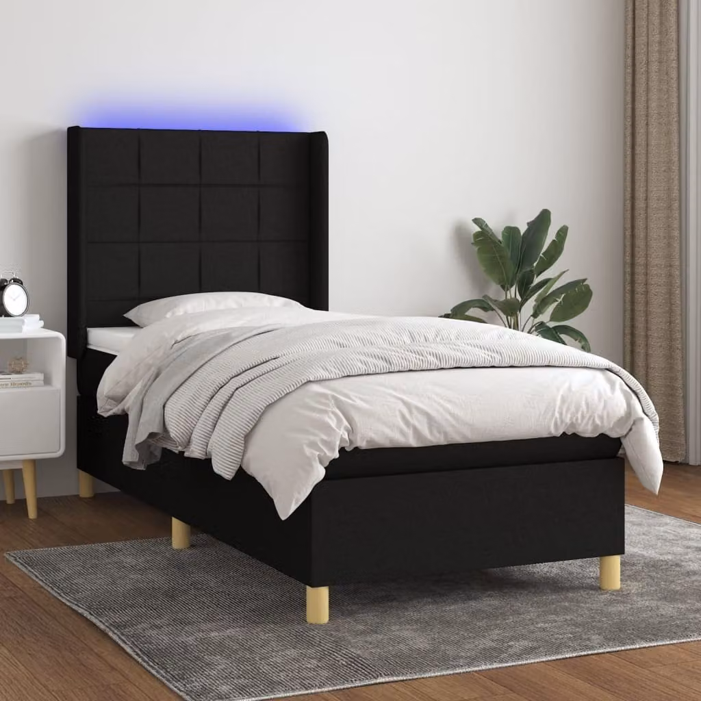 vidaXL Letto a molle con materasso e LED in tessuto nero 90x200 cm - Letto a molle - Boxspringbetten - Bett - Schlafzimmermöbel