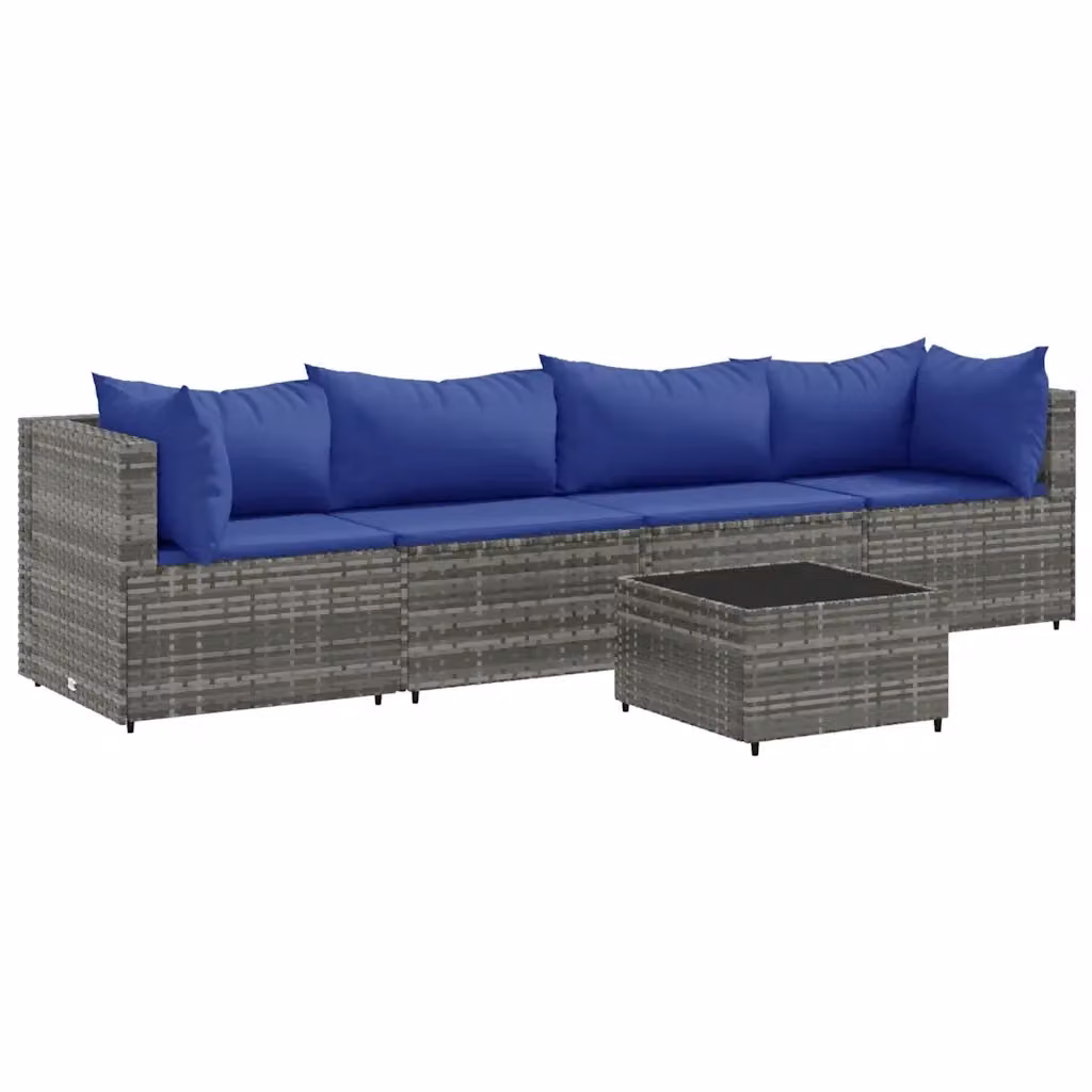 vidaXL Set Divani da Giardino a L 5 Pezzi con Cuscini e Tavolino, Polyrattan e Metallo, Grigio e Blu – 2