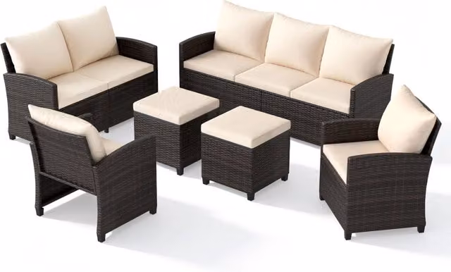 Set salotto da esterno in rattan PE con divano a 3 posti divano a 2 posti, Set da giardino con 2 poltrone e 2 poggiapiedi Beige
