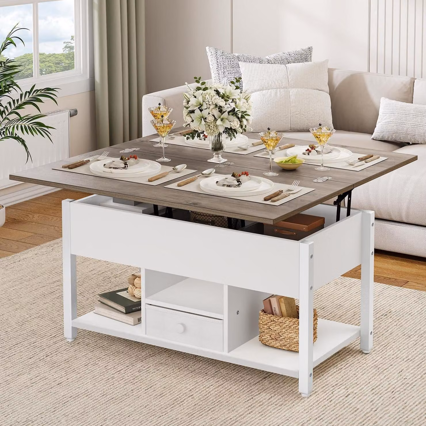 Tavolino sollevabile con cassetti, 4 in 1, bianco e grigio