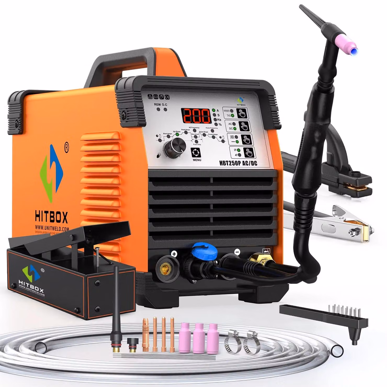 Saldatrice inverter AC/DC TIG/MMA - HBT250P. Funzione pulsata. Accensione ad alta frequenza (HF) 2T/4T. TIG: 10–175A. MMA: 20–145A. Adatta per alluminio, acciaio inossidabile e rame. Alimentazione: 220–240V. Spina EU