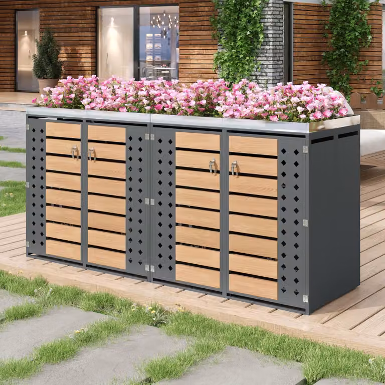 Flieks, box per bidoni della spazzatura da 2 posti, copertura chiudibile a chiave per 4 bidoni da 120-240 litri, armadio per bidoni della spazzatura con spazio per piante, 264x80x124,5 cm, grigio