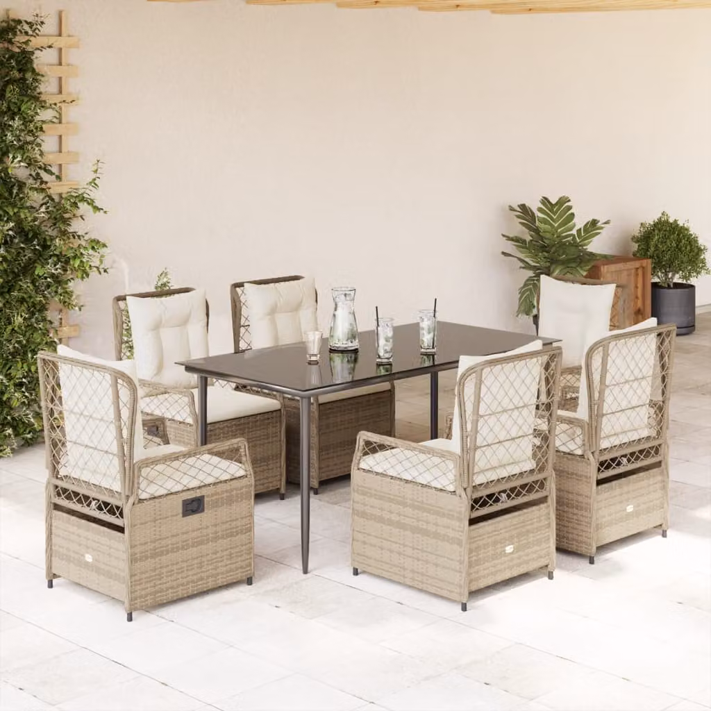 Set da pranzo da giardino vidaXL in polyrattan con cuscini beige e piano in vetro, 7 pezzi