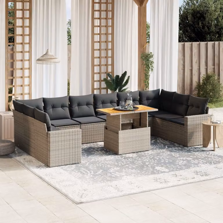 vidaXL Set Divani da Giardino a L 11 pz in Polyrattan Grigio con Cuscini e Tavolino