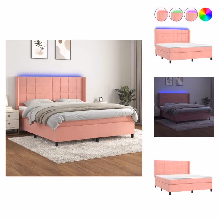 vidaXL Letto a molle con materasso e LED in velluto rosa 180x200 cm - Letti & strutture letto