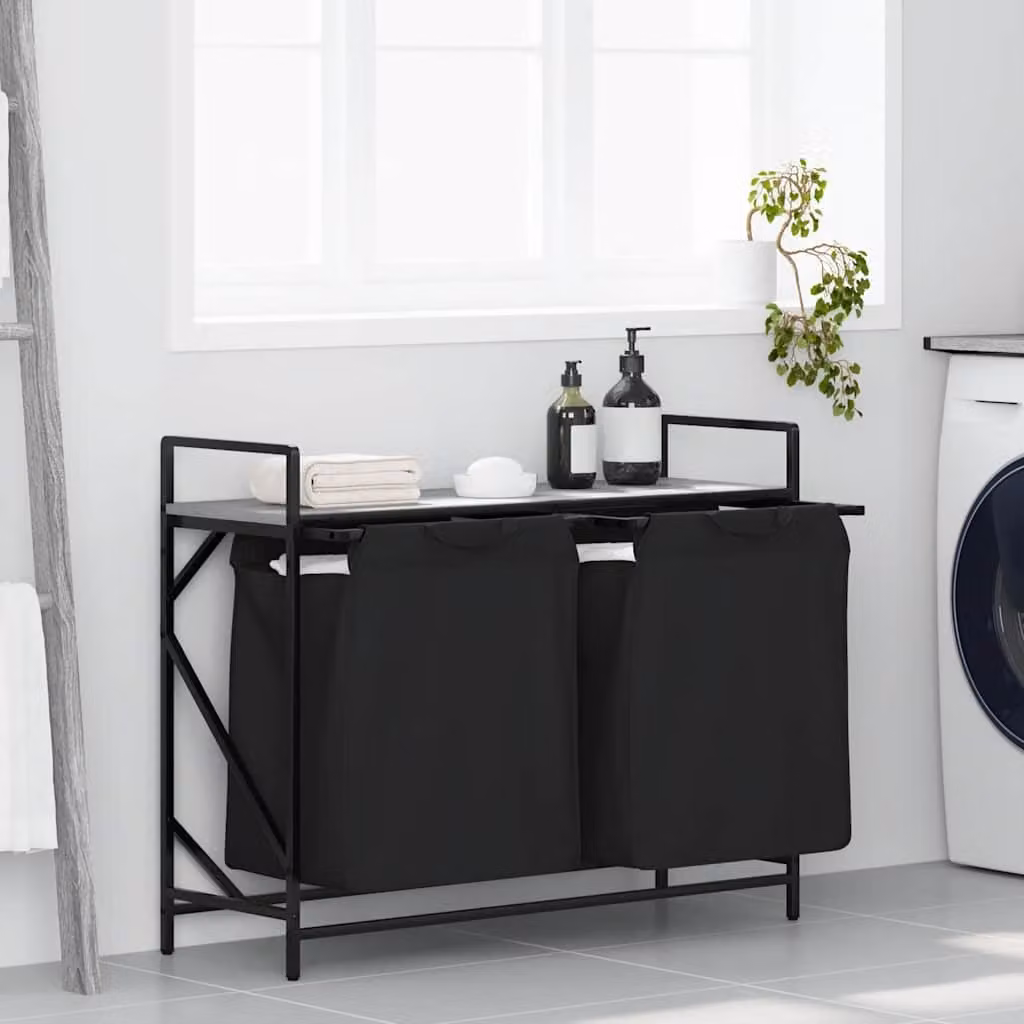 vidaXL Cesto della Biancheria a 2 Scomparti con Ripiano, Grigio e Nero, L/P/H: 77 x 33 x 97 cm