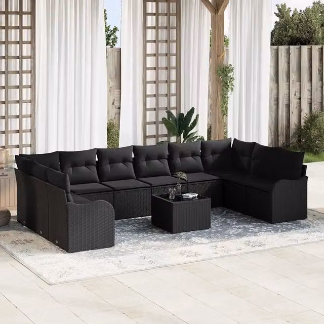 Set Divano da Giardino vidaXL Nero con Elemento Angolare e Tavolino, Polyrattan e Metallo, L/P/H: 55 x 55 x 37 cm – 1