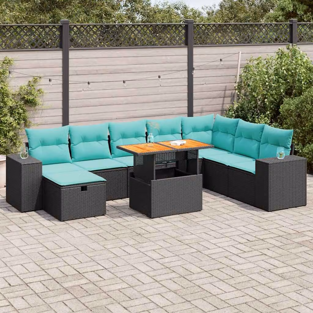 Set di divani da giardino vidaXL 9 pz in polyrattan nero con cuscini e tavolino da esterno a forma di U