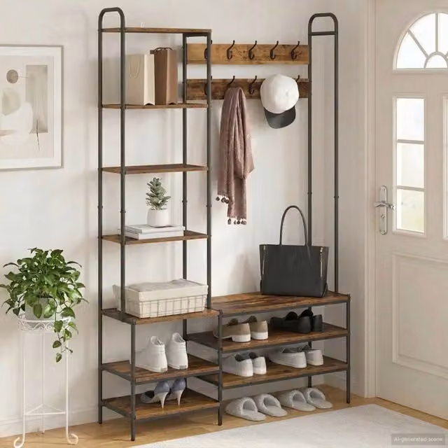 Appendiabiti con panca e porta scarpe in stile industriale vidaXL, colore marrone, L: 120,5 cm, P: 34 cm, H: 190 cm