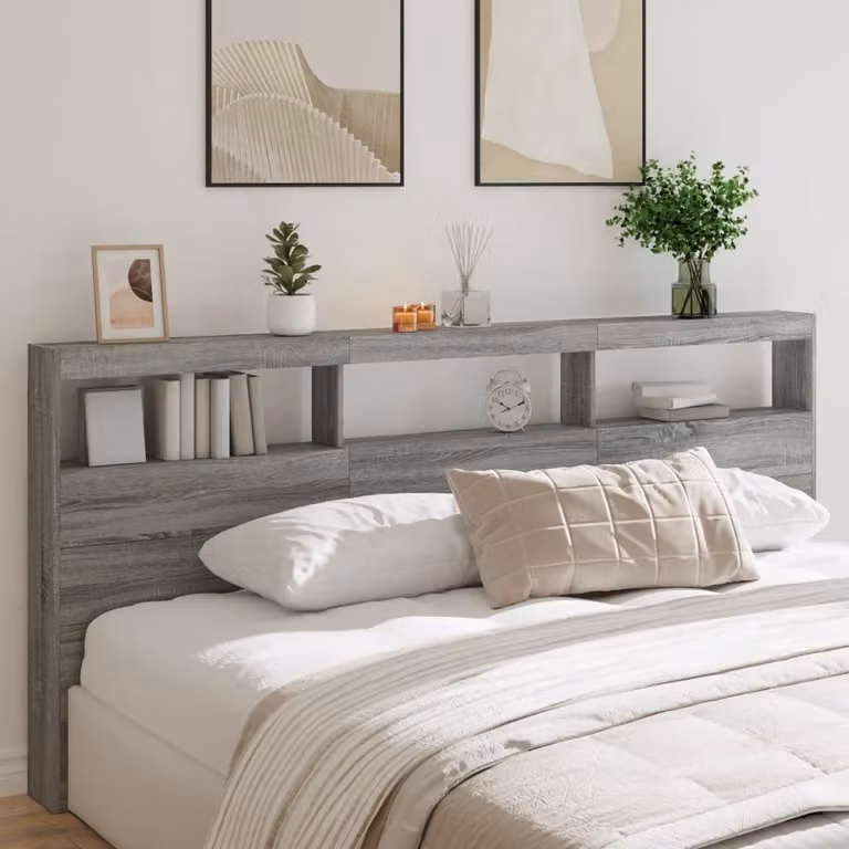 Testiera con contenitore e illuminazione LED vidaXL, Grigio Sonoma, L: 220 cm, P: 17 cm, H: 102 cm