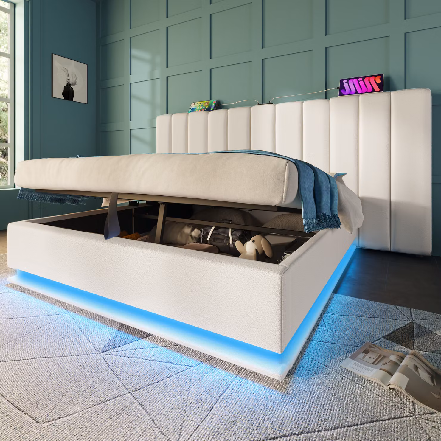 Letto imbottito idraulico Flieks 180x200cm con funzione di carico, letto matrimoniale a molle insacchettate letto giovanile con LED, letto contenitore con rete a doghe, PU, bianco