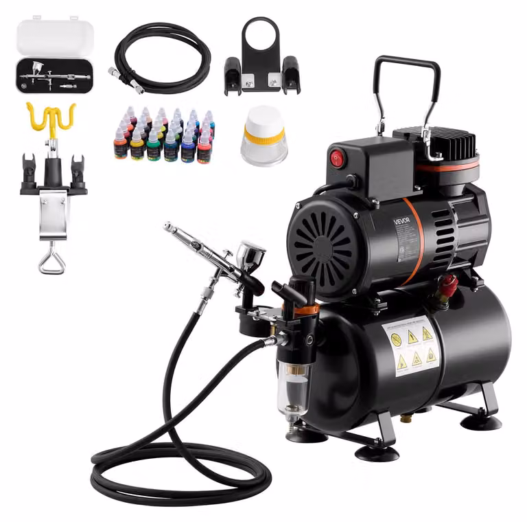 Set di aerografi VEVOR 1/6 hp con compressore d'aria e serbatoio, 1 aerografo a doppia azione con 1 ugello (0,3 mm) e tubo flessibile e vernice acrilica (24) e 2 ventole, per la decorazione di torte, la pittura di modelli e la nail art