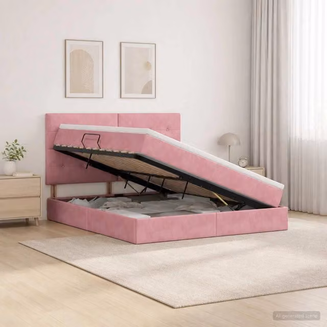 Letto con contenitore e illuminazione LED vidaXL in velluto rosa, L/P/H: 160 x 200 x 128 cm