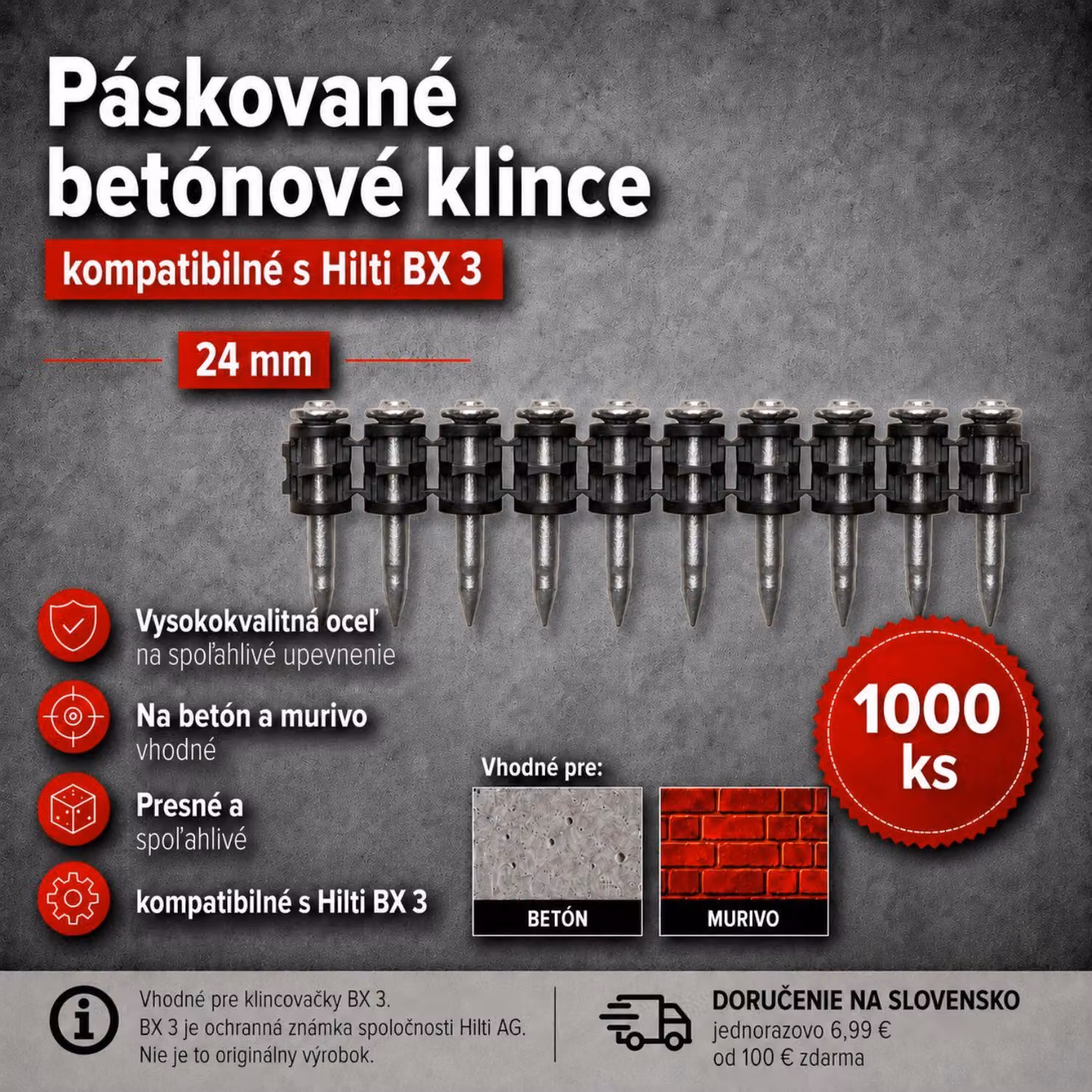 Chiodi in acciaio per calcestruzzo, 24 mm – confezione da 1000 pezzi, compatibili con Hilti BX 3 – per calcestruzzo e muratura