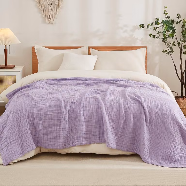 Coperta in cotone mussola, matrimoniale, 274 x 229 cm, color lavanda, leggera, traspirante, adatta per tutto l'anno