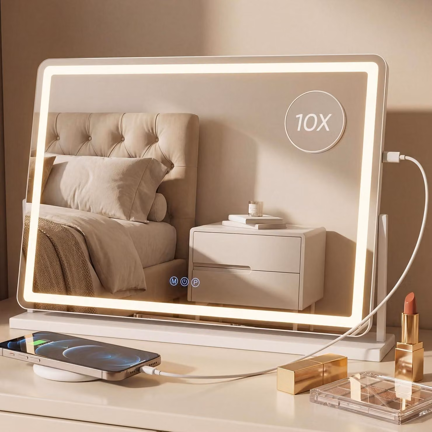 Specchio da trucco illuminato, 81x56 cm, specchio cosmetico LED, alta definizione, rotazione a 360°, lente d'ingrandimento 10x, 3 temperature di colore, dimmerabile, funzione di memorizzazione, controllo touch, USB, colore bianco