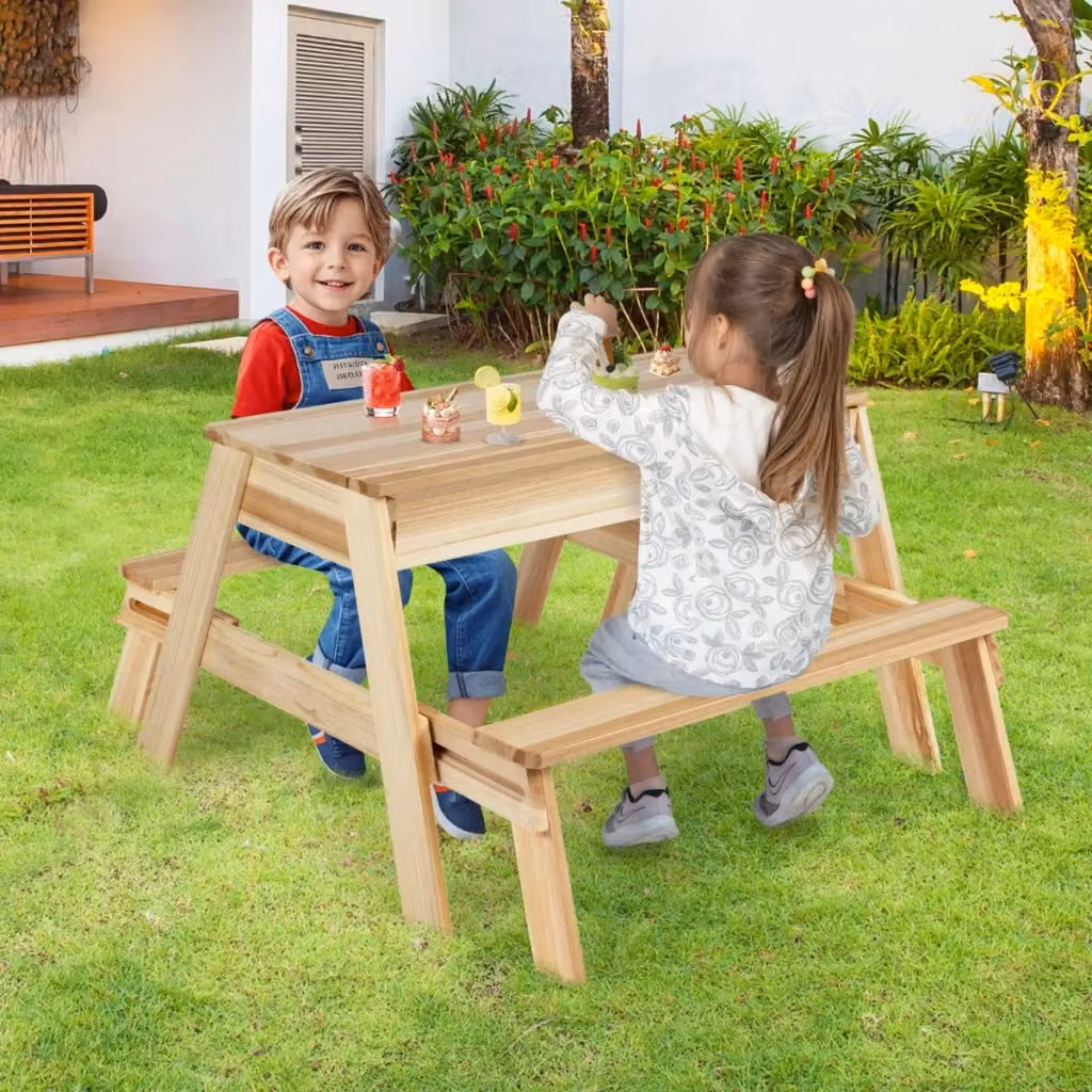 Set tavolo e panca 4 in 1 per bambini in legno di abete con piano rimovibile e 2 scatole contenitive in stile scandinavo – 2