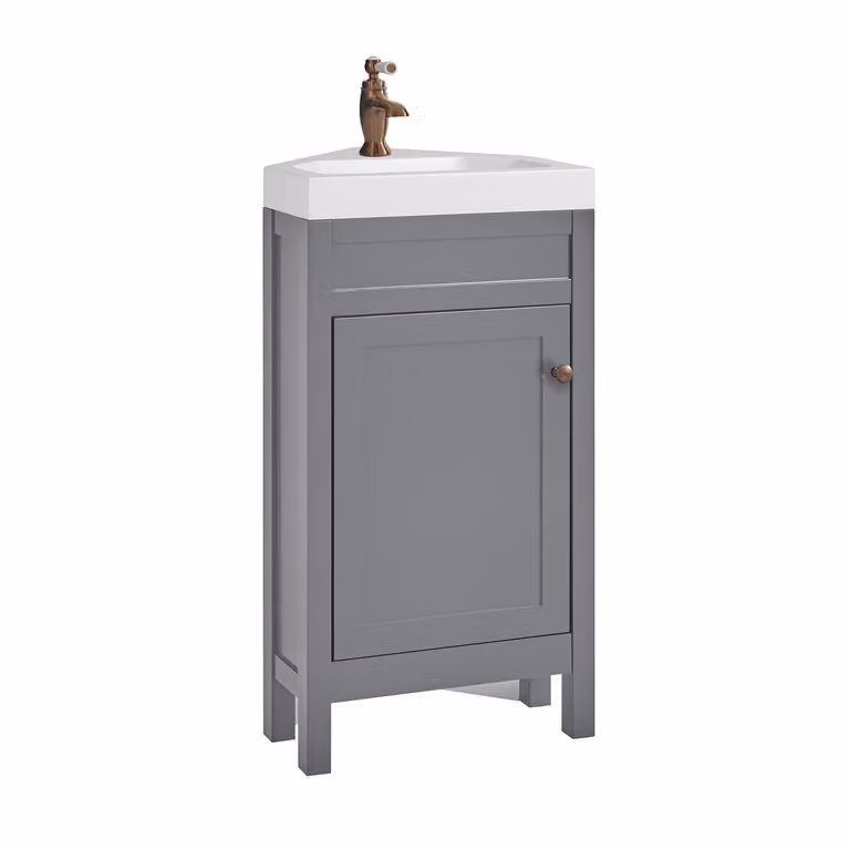 Mobile Bagno Angolare Grigio Chiaro da 450mm con Lavabo e Maniglia Classica Rotonda in Bronzo Spazzolato - Warwick