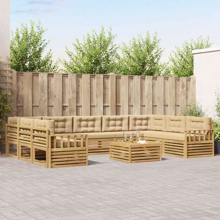 Set di divani da esterno moderno vidaXL in legno di acacia con 10 pezzi, Bianco e Beige