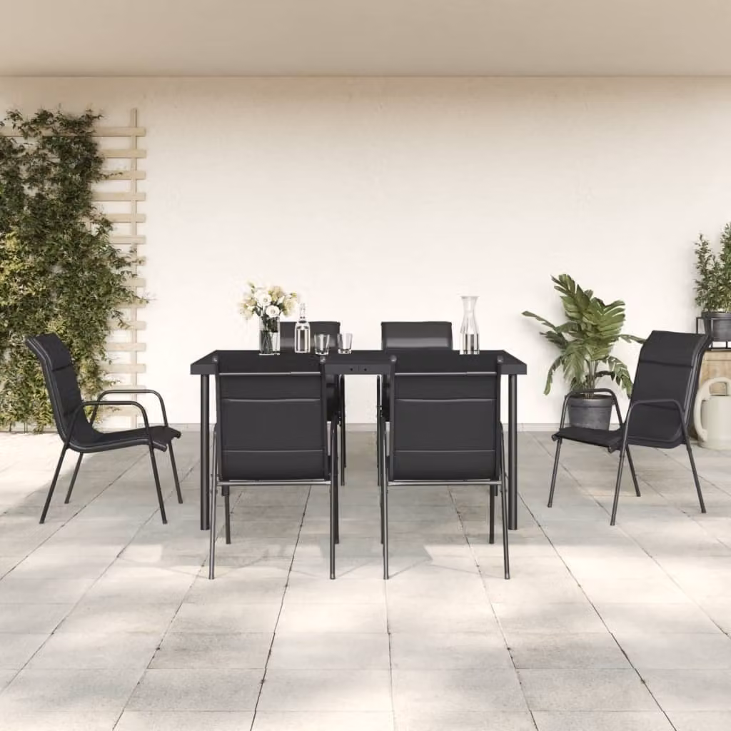The Living Store Set da pranzo da giardino 7 pezzi in acciaio nero e textilene