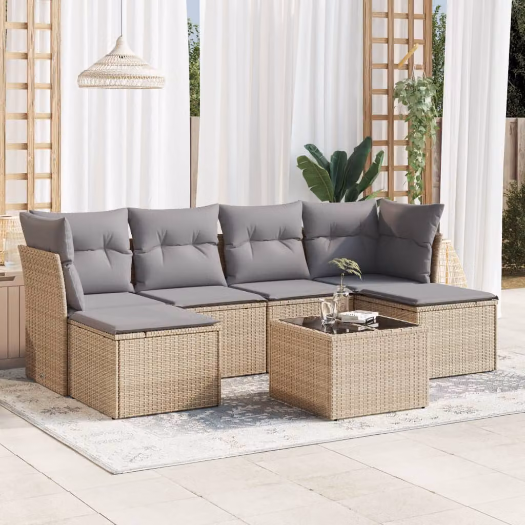 vidaXL Set Divani da Giardino 7 pz a L in Polyrattan con Cuscini Beige e Tavolino da Esterno