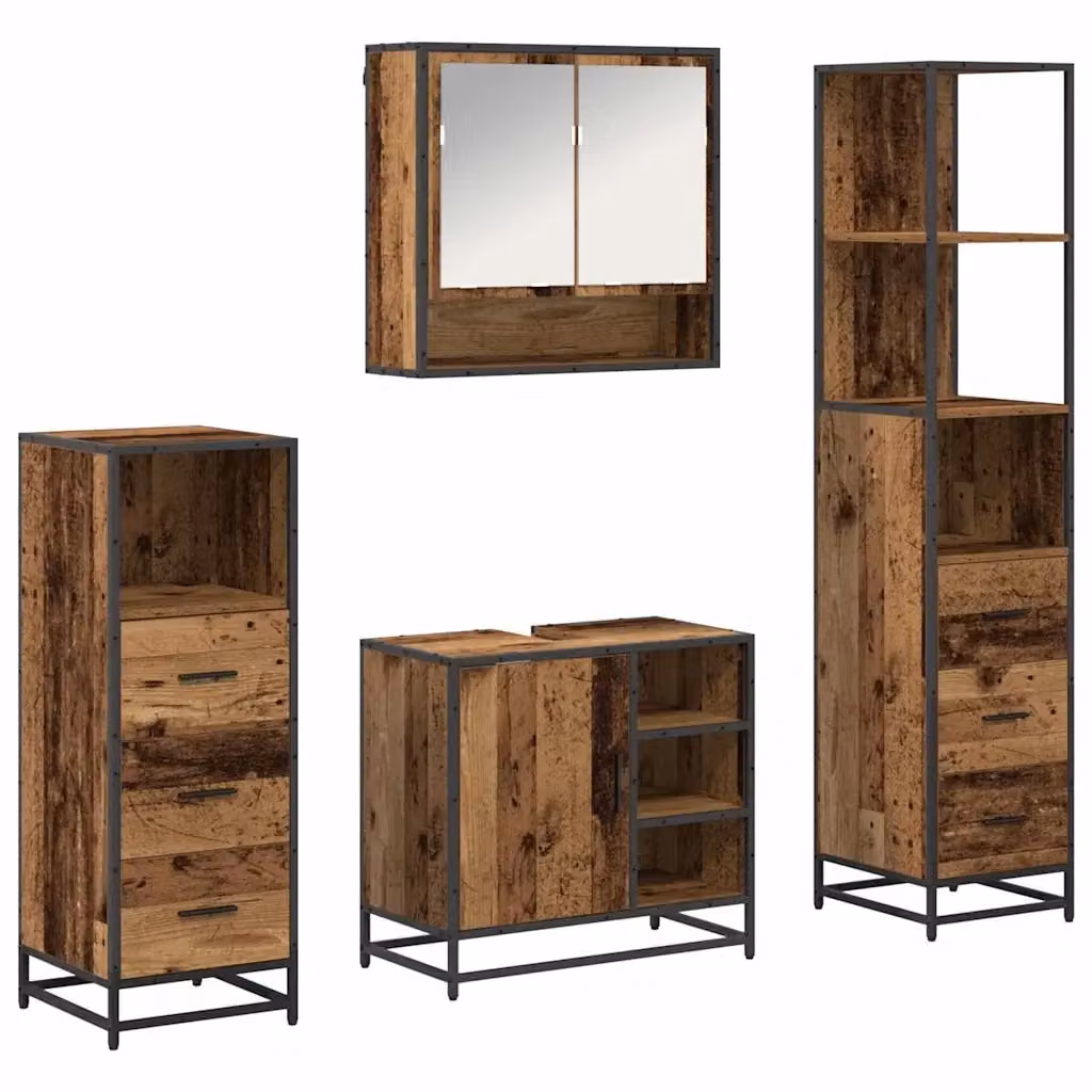 Set di mobili da bagno moderno vidaXL in legno e metallo marrone composto da 4 pezzi con armadietto specchiato, mobile sottolavabo, mobile laterale e colonna alta, L/P/H: 65 x 33 x 166 cm – 2